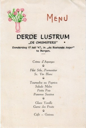 HVB FO 00603  Menukaart van De Rustende Jager voor De Omsmijters, 1947