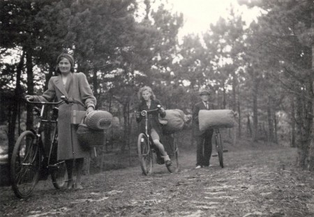 HVB FO 00668  Familie komt met zakken dennenappels uit het bos